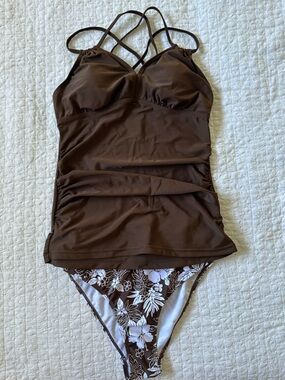 SHEIN Brown Ruched One-Piece Tankini with Floral Bottom. Never worn.
